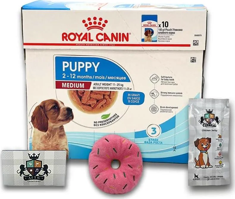 AETN Creations Medium Puppy Wet Dog Food 10x140g Pouches Plus Jerky Treat, And Push Doughnut Toy - Delicious, Fun Pack For Breed Puppies