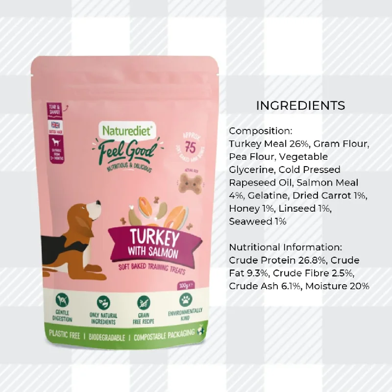 AETN Creations Naturediet Soft Baked Treat Bundle for Dogs 2x100g Feel Good Turkey with Salmon plus AETN Jerky Treat, Grain-Free Snacks