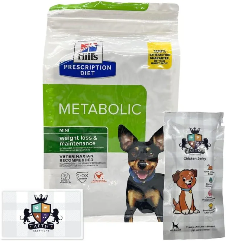 AETN Creations Prescription Diet Metabolic Weight Management Mini Dog Food Bundle 1kg Dry Plus Jerky Treat, Designed To Support Control For Small Breed Dogs